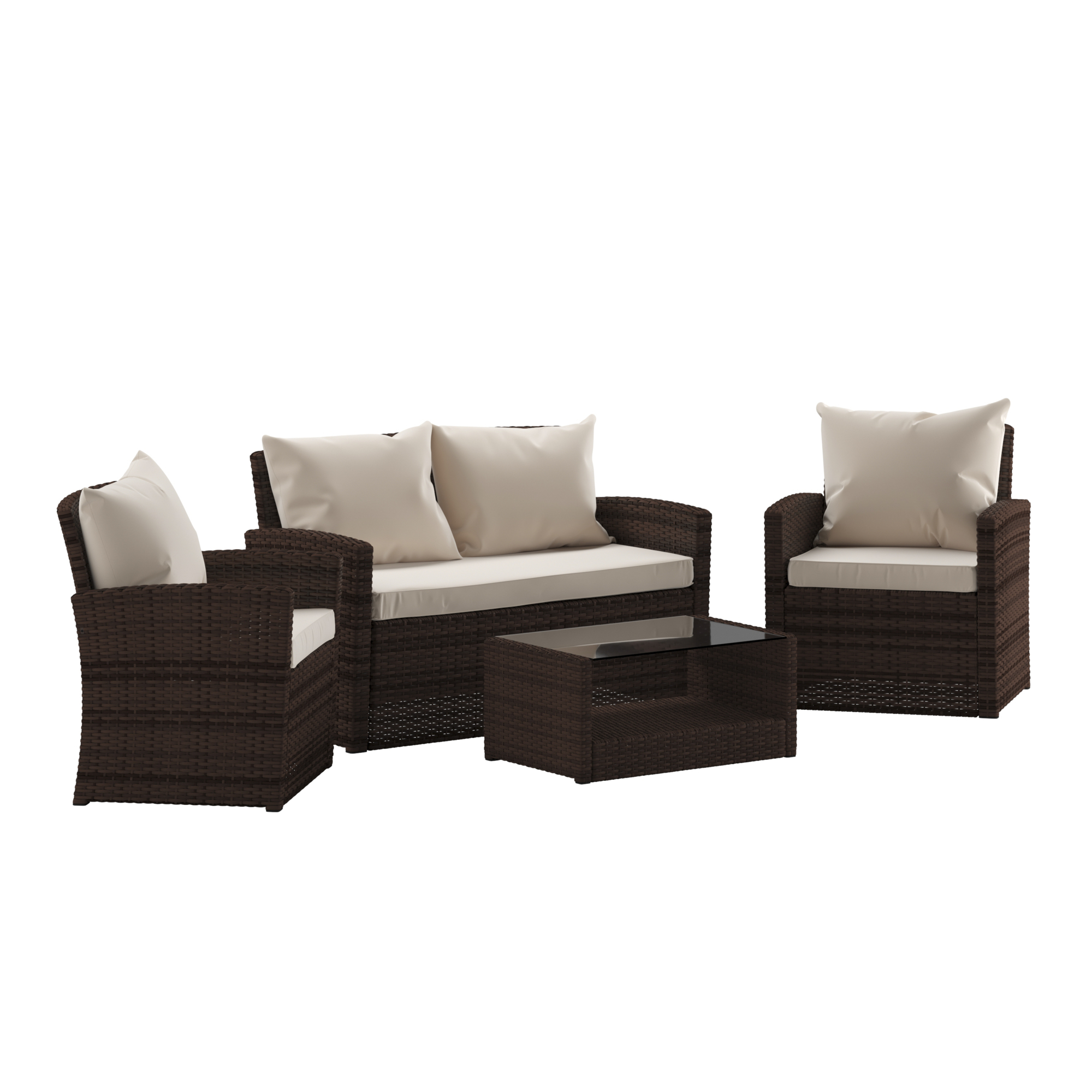 Flash Furniture, 4 Piece Brown Patio Set with Beige Back Pillows, Pieces (qty.) 4 Primary Color Brown, Seating Capacity 4 Model# JJS351BNBG